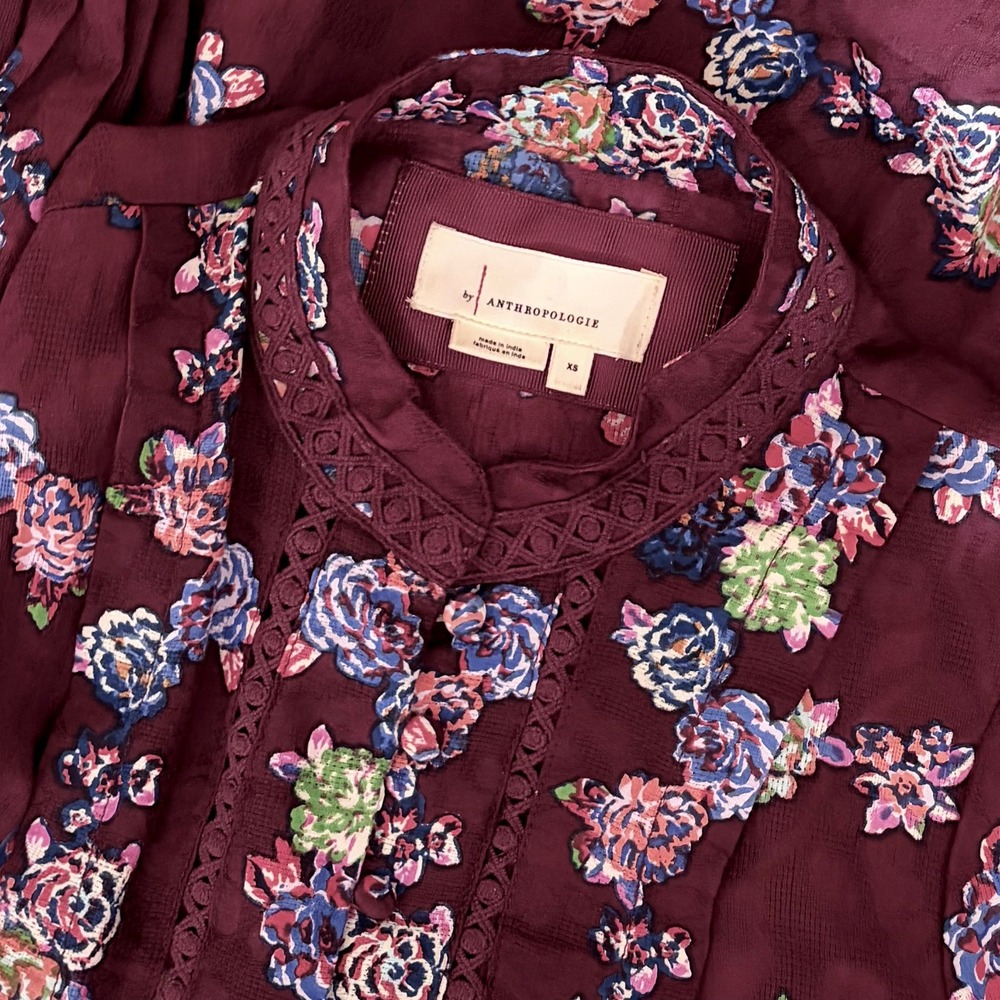 BY ANTHROPOLOGIE Mini Tunic Long Sleeve Dress Floral Lace Trims Purple X-Small - Picture 12 of 15